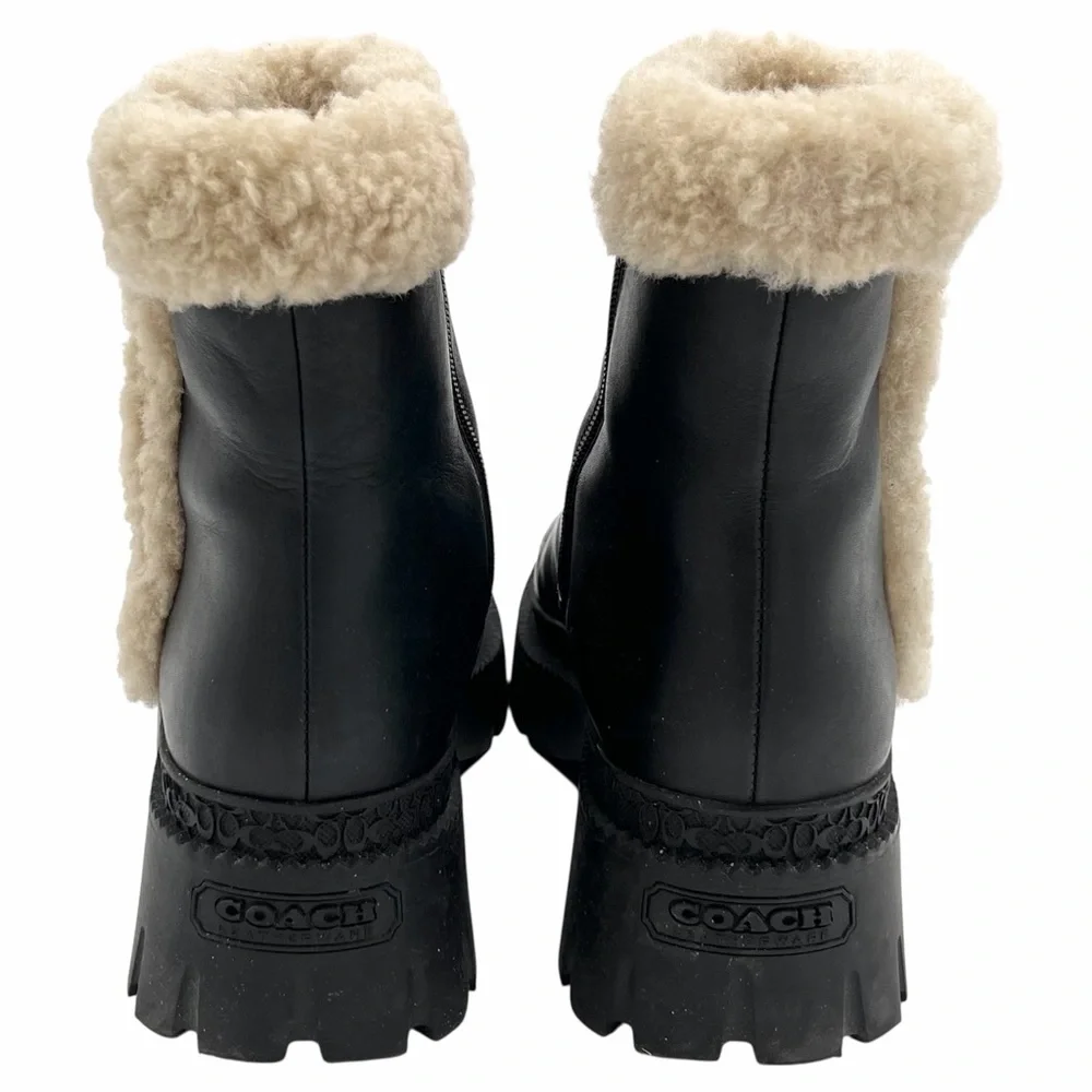 Coach Jane Black Leather Shearling Trim Booties Size 9